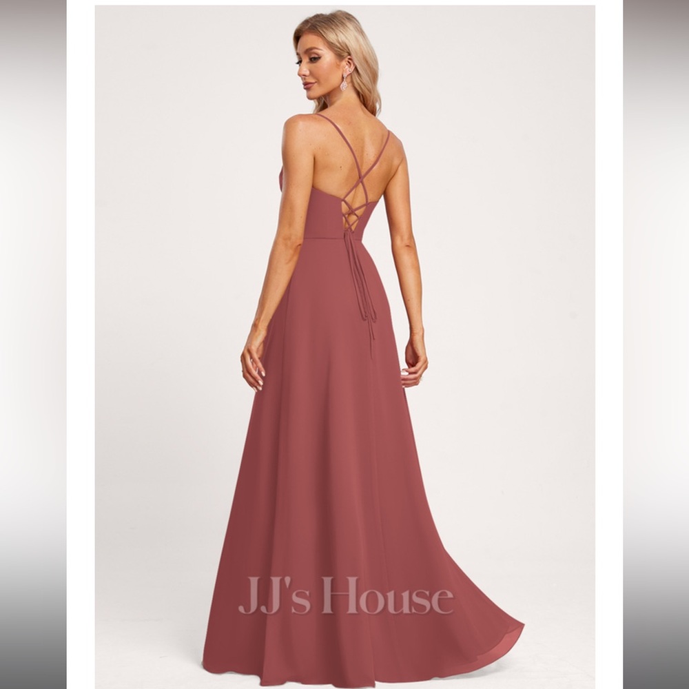 JJs House A Line, V neck, chiffon dress in Rosewood
